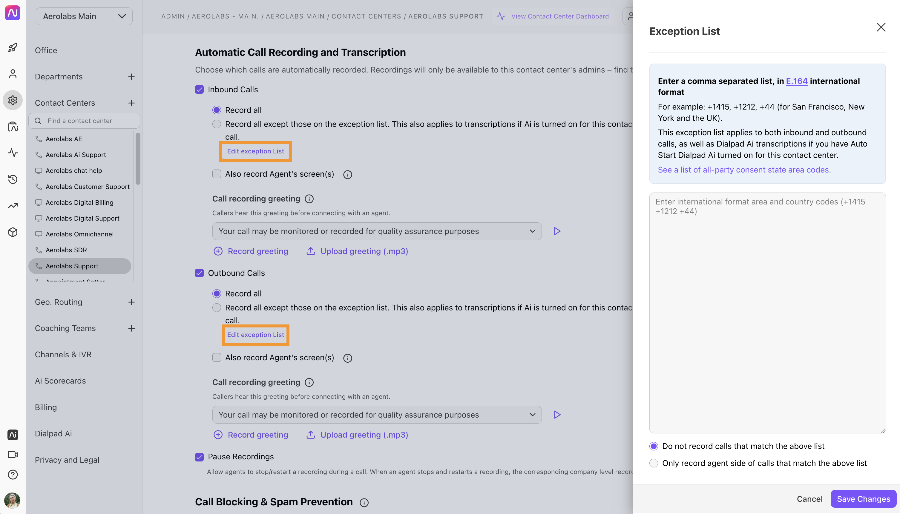 Settings for automatic call recording and transcription with exception list options highlighted.